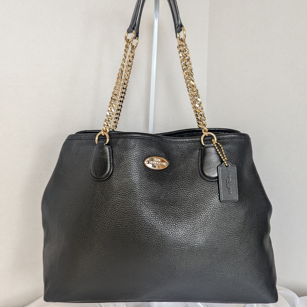 Coach Black Leather Shoulder Bag with Gold Chains